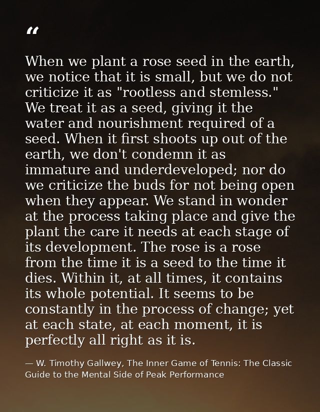 When we plant a rose seed in the earth, we notice that it is small, but we do not criticize it as "rootless and stemless — W. Timothy Gallwey, The Inner Game of Tennis: The Classic Guide to the Mental Side of Peak Performance