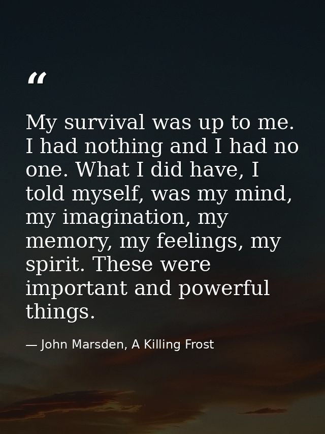 My survival was up to me. I had nothing and I had no one. What I did have, I told myself, was my mind, my imagination, m — John Marsden, A Killing Frost