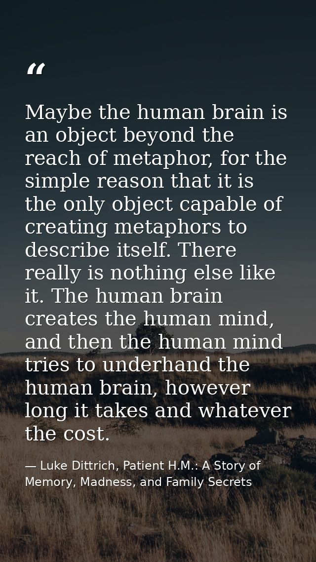 Maybe the human brain is an object beyond the reach of metaphor, for the simple reason that it is the only object capabl — Luke Dittrich, Patient H.M.: A Story of Memory, Madness, and Family Secrets