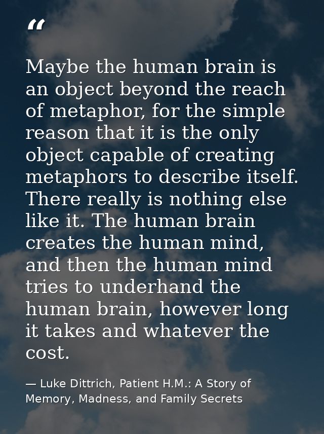 Maybe the human brain is an object beyond the reach of metaphor, for the simple reason that it is the only object capabl — Luke Dittrich, Patient H.M.: A Story of Memory, Madness, and Family Secrets