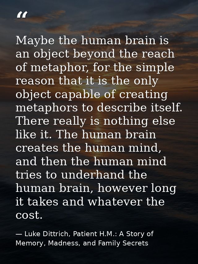Maybe the human brain is an object beyond the reach of metaphor, for the simple reason that it is the only object capabl — Luke Dittrich, Patient H.M.: A Story of Memory, Madness, and Family Secrets