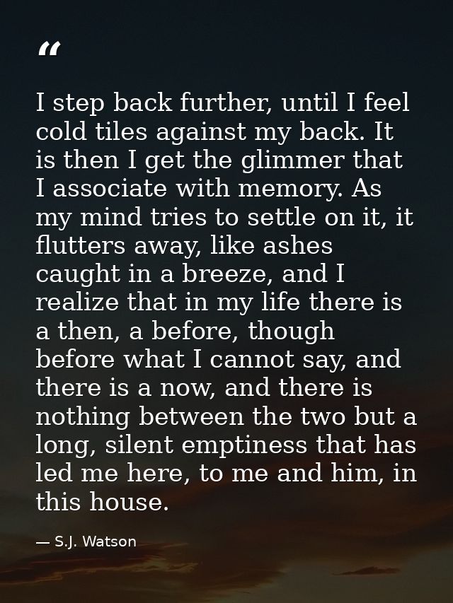 I step back further, until I feel cold tiles against my back. It is then I get the glimmer that I associate with memory. — S.J. Watson