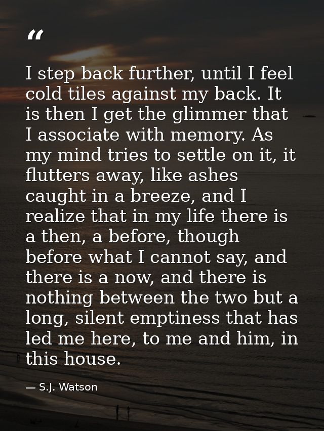 I step back further, until I feel cold tiles against my back. It is then I get the glimmer that I associate with memory. — S.J. Watson