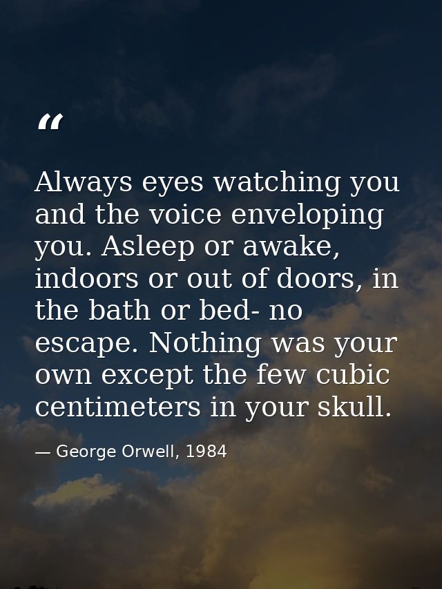 Always eyes watching you and the voice enveloping you. Asleep or awake, indoors or out of doors, in the bath or bed- no  — George Orwell, 1984