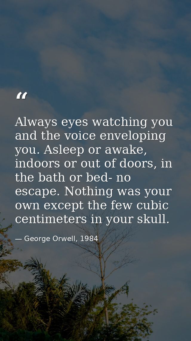 Always eyes watching you and the voice enveloping you. Asleep or awake, indoors or out of doors, in the bath or bed- no  — George Orwell, 1984
