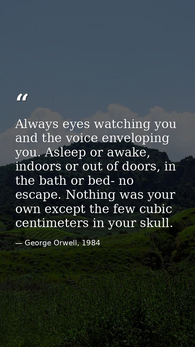 Always eyes watching you and the voice enveloping you. Asleep or awake, indoors or out of doors, in the bath or bed- no  — George Orwell, 1984