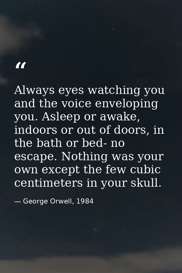 Always eyes watching you and the voice enveloping you. Asleep or awake, indoors or out of doors, in the bath or bed- no  — George Orwell, 1984