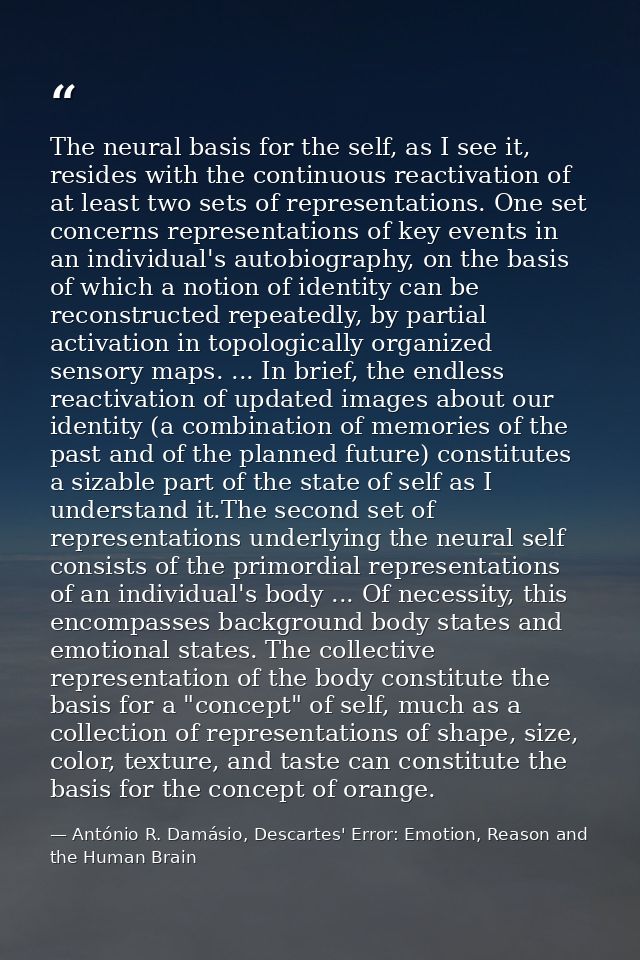 The neural basis for the self, as I see it, resides with the continuous reactivation of at least two sets of representat — António R. Damásio, Descartes' Error: Emotion, Reason and the Human Brain