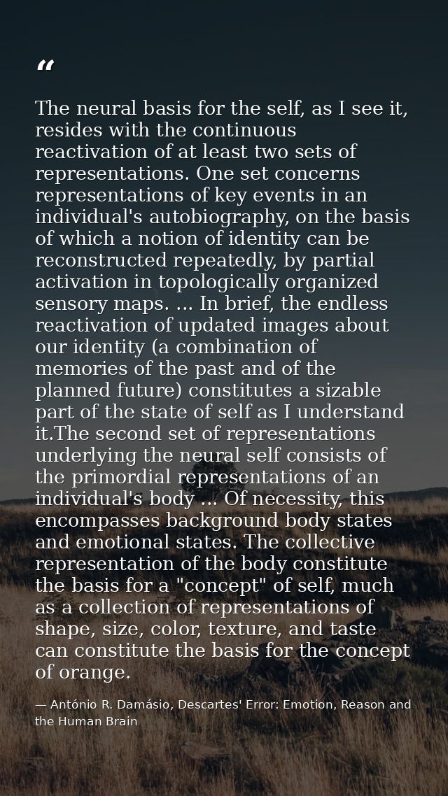 The neural basis for the self, as I see it, resides with the continuous reactivation of at least two sets of representat — António R. Damásio, Descartes' Error: Emotion, Reason and the Human Brain