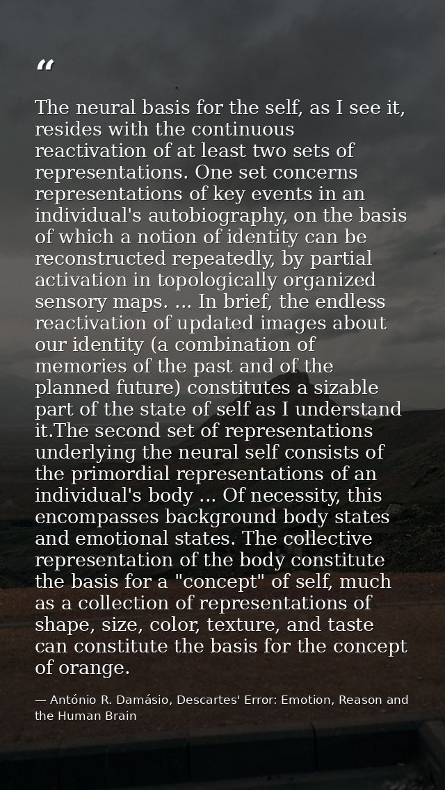 The neural basis for the self, as I see it, resides with the continuous reactivation of at least two sets of representat — António R. Damásio, Descartes' Error: Emotion, Reason and the Human Brain