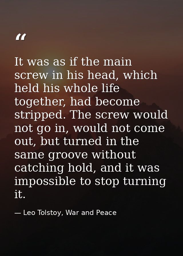 It was as if the main screw in his head, which held his whole life together, had become stripped. The screw would not go — Leo Tolstoy, War and Peace