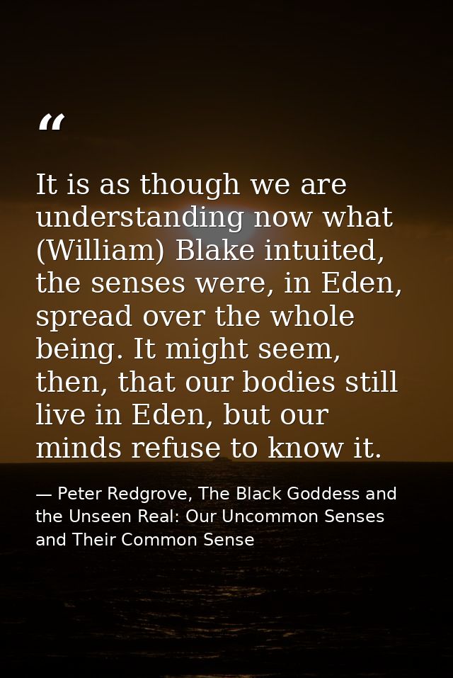 It is as though we are understanding now what (William) Blake intuited, the senses were, in Eden, spread over the whole  — Peter Redgrove, The Black Goddess and the Unseen Real: Our Uncommon Senses and Their Common Sense