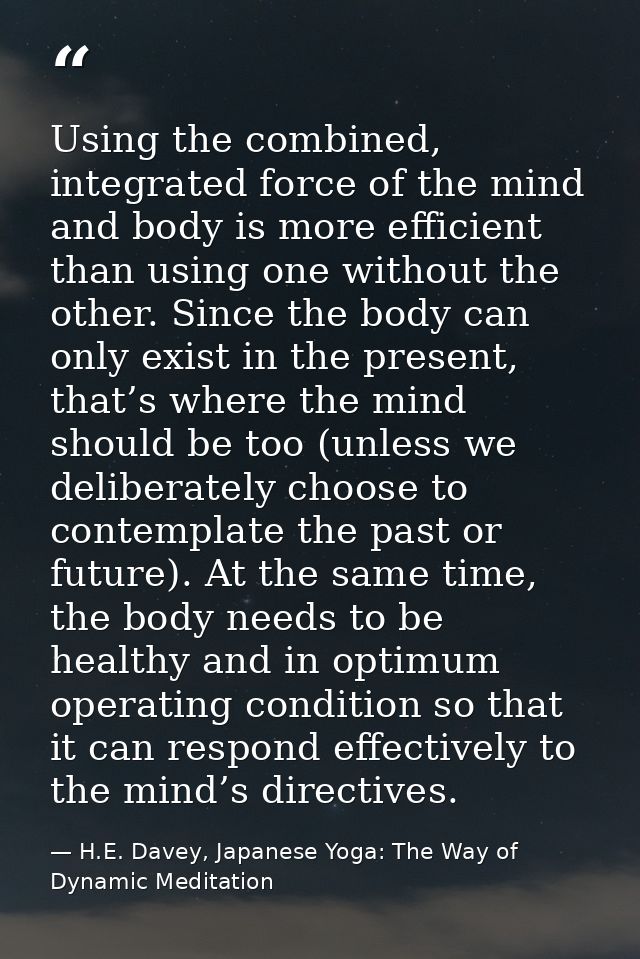 Using the combined, integrated force of the mind and body is more efficient than using one without the other. Since the  — H.E. Davey, Japanese Yoga: The Way of Dynamic Meditation