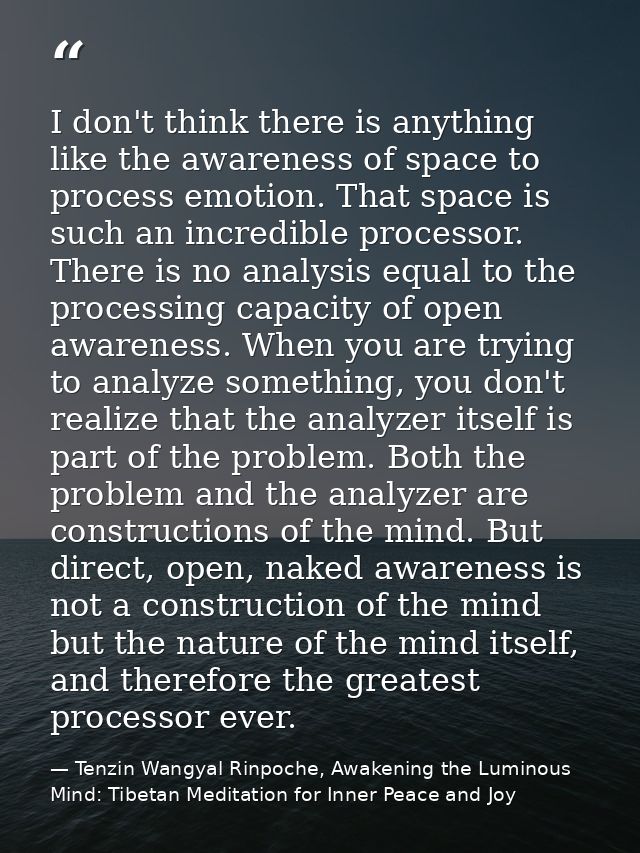 I don't think there is anything like the awareness of space to process emotion. That space is such an incredible process — Tenzin Wangyal Rinpoche, Awakening the Luminous Mind: Tibetan Meditation for Inner Peace and Joy