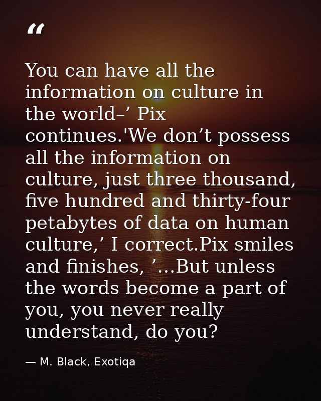 You can have all the information on culture in the world–’ Pix continues.'We don’t possess all the information on cultur — M. Black, Exotiqa
