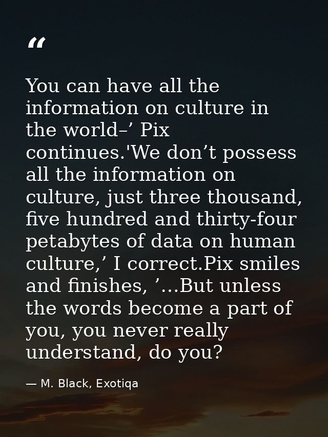 You can have all the information on culture in the world–’ Pix continues.'We don’t possess all the information on cultur — M. Black, Exotiqa