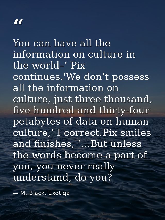 You can have all the information on culture in the world–’ Pix continues.'We don’t possess all the information on cultur — M. Black, Exotiqa