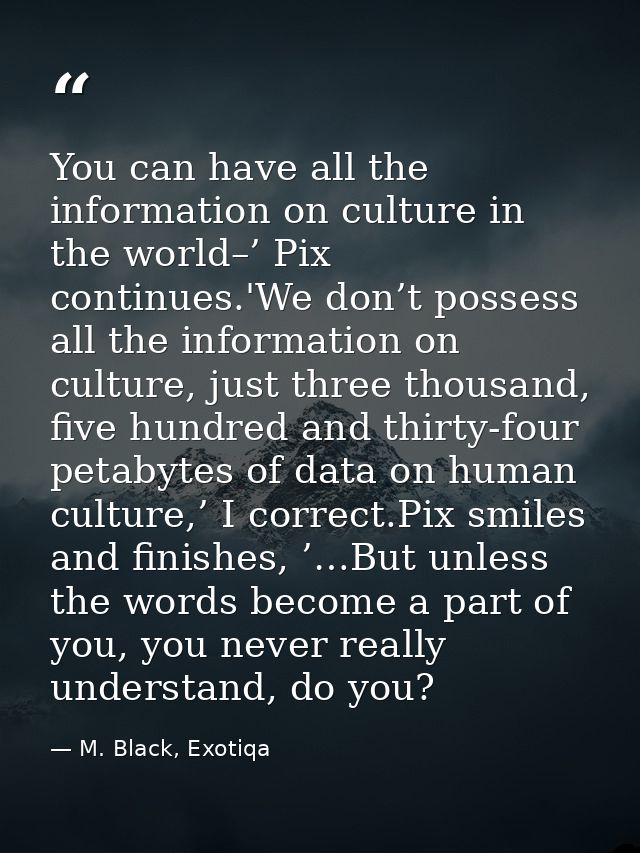 You can have all the information on culture in the world–’ Pix continues.'We don’t possess all the information on cultur — M. Black, Exotiqa