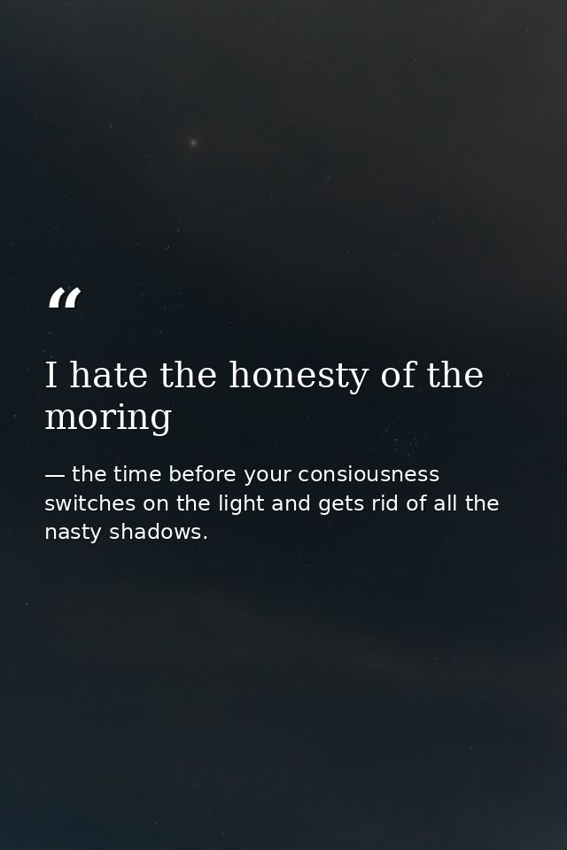 I hate the honesty of the moring — the time before your consiousness switches on the light and gets rid of all the nasty shadows.