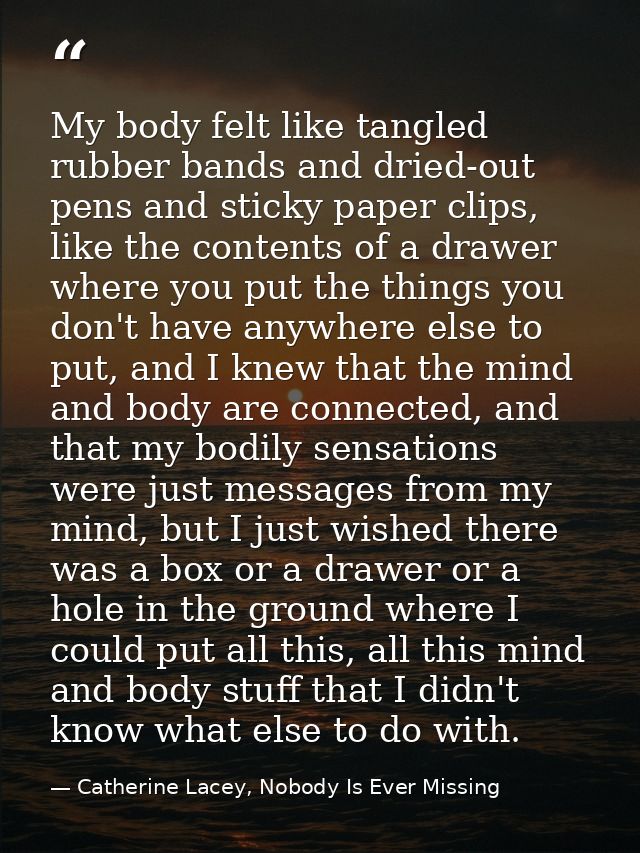 My body felt like tangled rubber bands and dried-out pens and sticky paper clips, like the contents of a drawer where yo — Catherine Lacey, Nobody Is Ever Missing