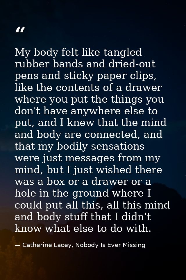 My body felt like tangled rubber bands and dried-out pens and sticky paper clips, like the contents of a drawer where yo — Catherine Lacey, Nobody Is Ever Missing