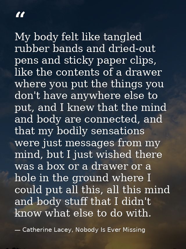 My body felt like tangled rubber bands and dried-out pens and sticky paper clips, like the contents of a drawer where yo — Catherine Lacey, Nobody Is Ever Missing