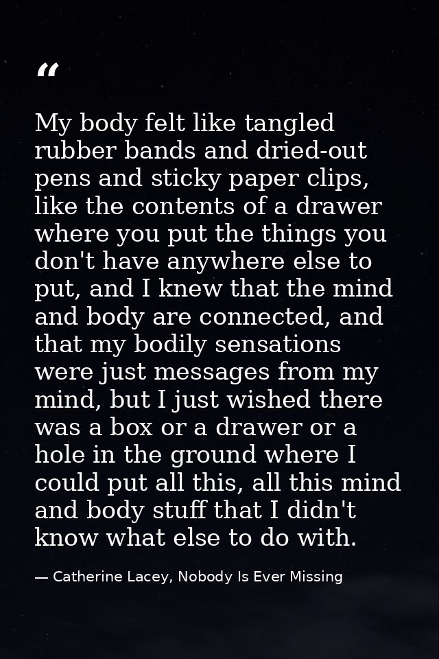 My body felt like tangled rubber bands and dried-out pens and sticky paper clips, like the contents of a drawer where yo — Catherine Lacey, Nobody Is Ever Missing