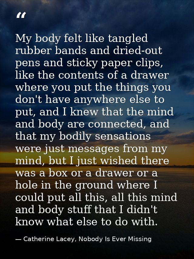 My body felt like tangled rubber bands and dried-out pens and sticky paper clips, like the contents of a drawer where yo — Catherine Lacey, Nobody Is Ever Missing