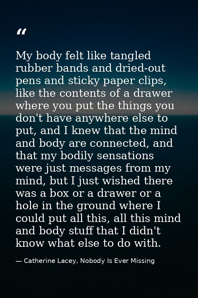 My body felt like tangled rubber bands and dried-out pens and sticky paper clips, like the contents of a drawer where yo — Catherine Lacey, Nobody Is Ever Missing