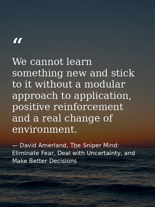 We cannot learn something new and stick to it without a modular approach to application, positive reinforcement and a re — David Amerland, The Sniper Mind: Eliminate Fear, Deal with Uncertainty, and Make Better Decisions