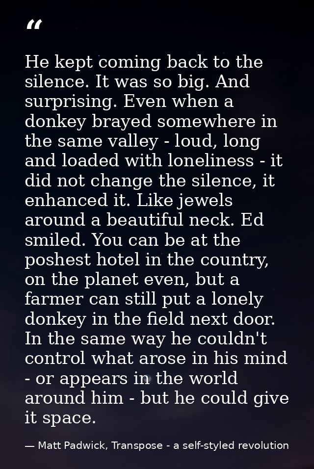 He kept coming back to the silence. It was so big. And surprising. Even when a donkey brayed somewhere in the same valle — Matt Padwick, Transpose - a self-styled revolution