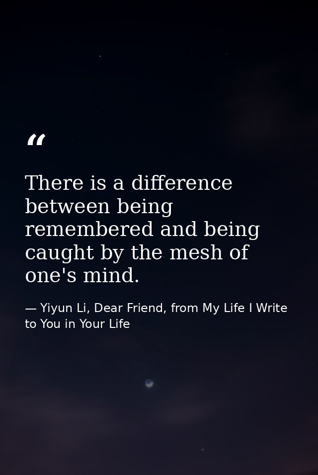 There is a difference between being remembered and being caught by the mesh of one's mind. — Yiyun Li, Dear Friend, from My Life I Write to You in Your Life