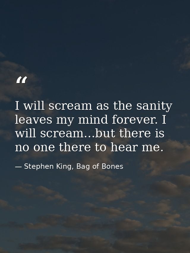 I will scream as the sanity leaves my mind forever. I will scream...but there is no one there to hear me. — Stephen King, Bag of Bones