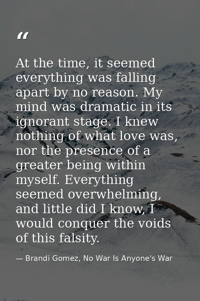 At the time, it seemed everything was falling apart by no reason. My mind was dramatic in its ignorant stage. I knew not — Brandi Gomez, No War Is Anyone's War