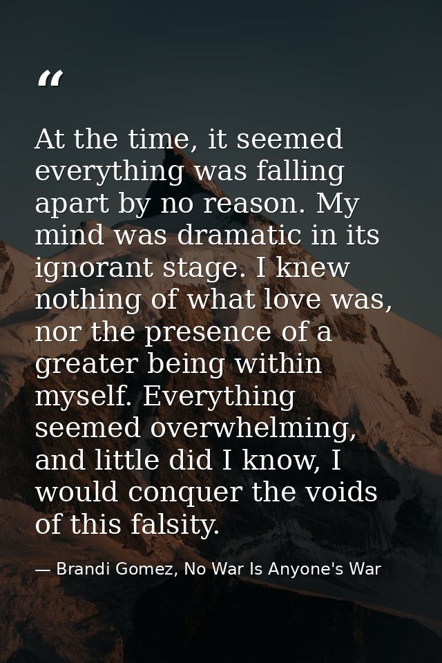 At the time, it seemed everything was falling apart by no reason. My mind was dramatic in its ignorant stage. I knew not — Brandi Gomez, No War Is Anyone's War