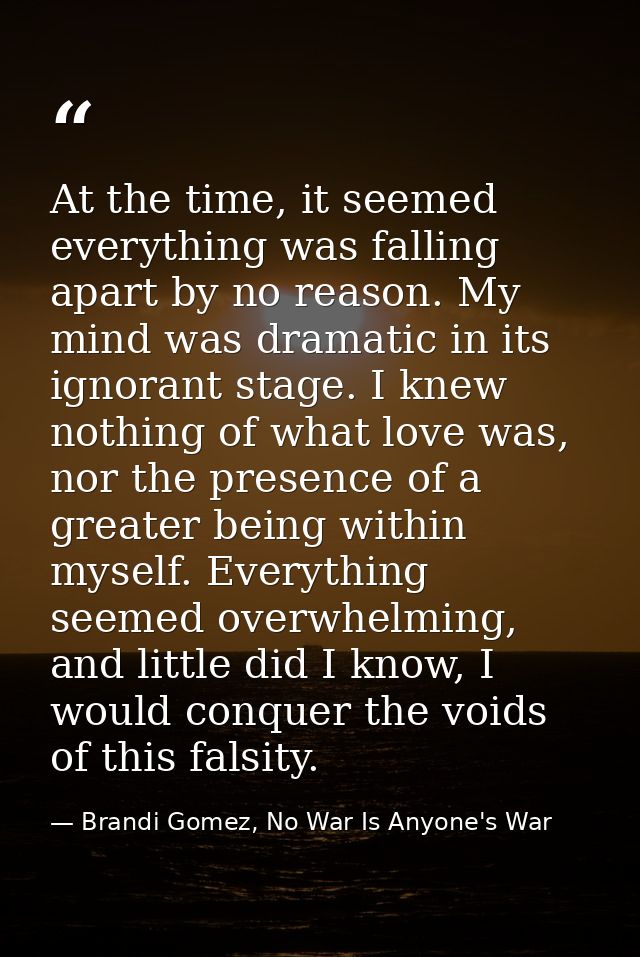 At the time, it seemed everything was falling apart by no reason. My mind was dramatic in its ignorant stage. I knew not — Brandi Gomez, No War Is Anyone's War