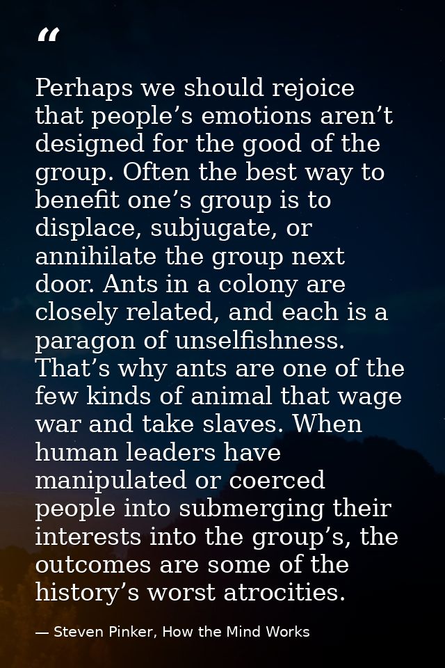 Perhaps we should rejoice that people’s emotions aren’t designed for the good of the group. Often the best way to benefi — Steven Pinker, How the Mind Works