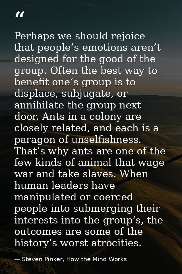 Perhaps we should rejoice that people’s emotions aren’t designed for the good of the group. Often the best way to benefi — Steven Pinker, How the Mind Works