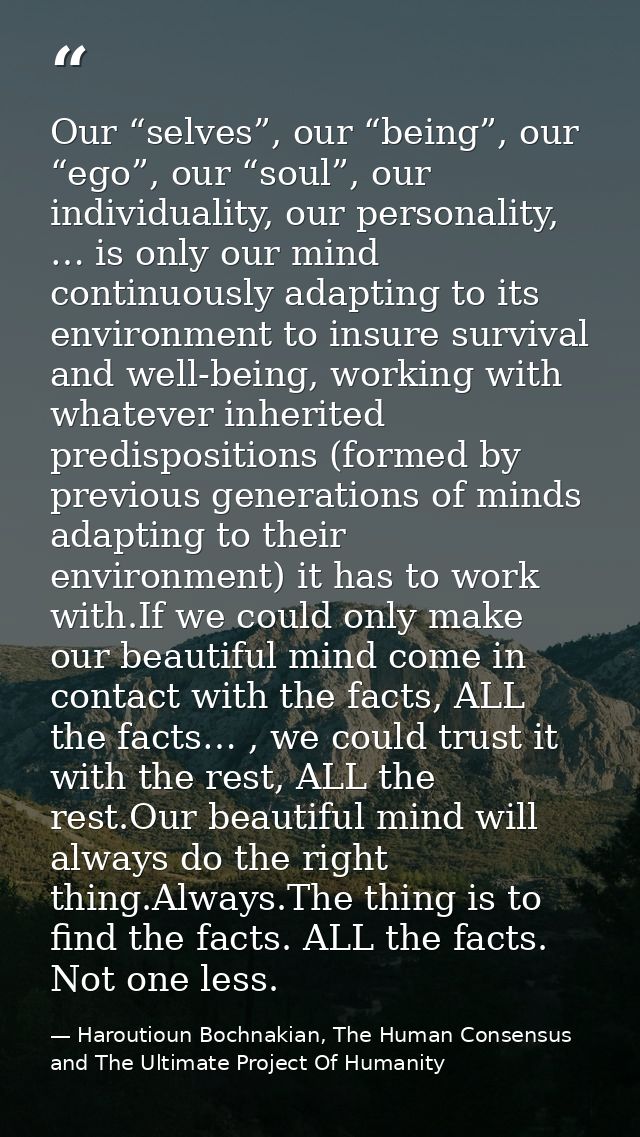 Our “selves”, our “being”, our “ego”, our “soul”, our individuality, our personality, … is only our mind continuously ad — Haroutioun Bochnakian, The Human Consensus and The Ultimate Project Of Humanity