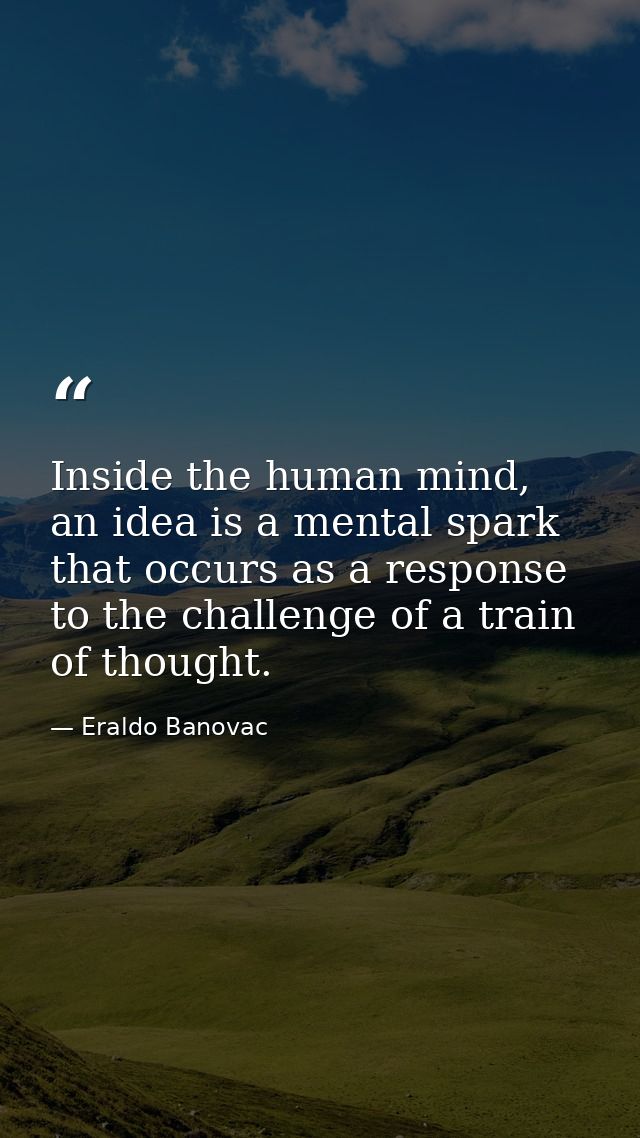 Inside the human mind, an idea is a mental spark that occurs as a response to the challenge of a train of thought. — Eraldo Banovac