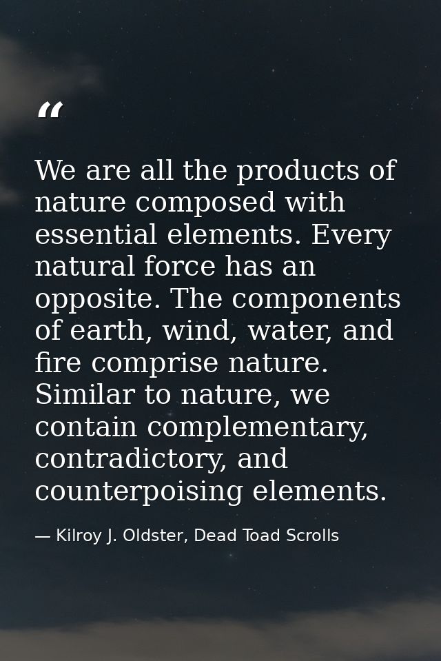 We are all the products of nature composed with essential elements. Every natural force has an opposite. The components  — Kilroy J. Oldster, Dead Toad Scrolls