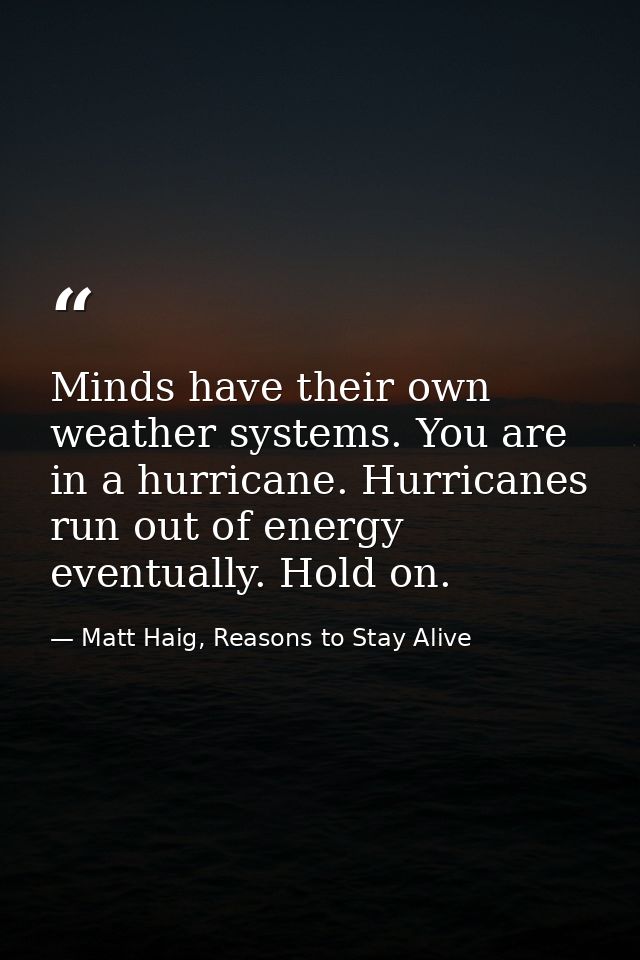 Minds have their own weather systems. You are in a hurricane. Hurricanes run out of energy eventually. Hold on. — Matt Haig, Reasons to Stay Alive