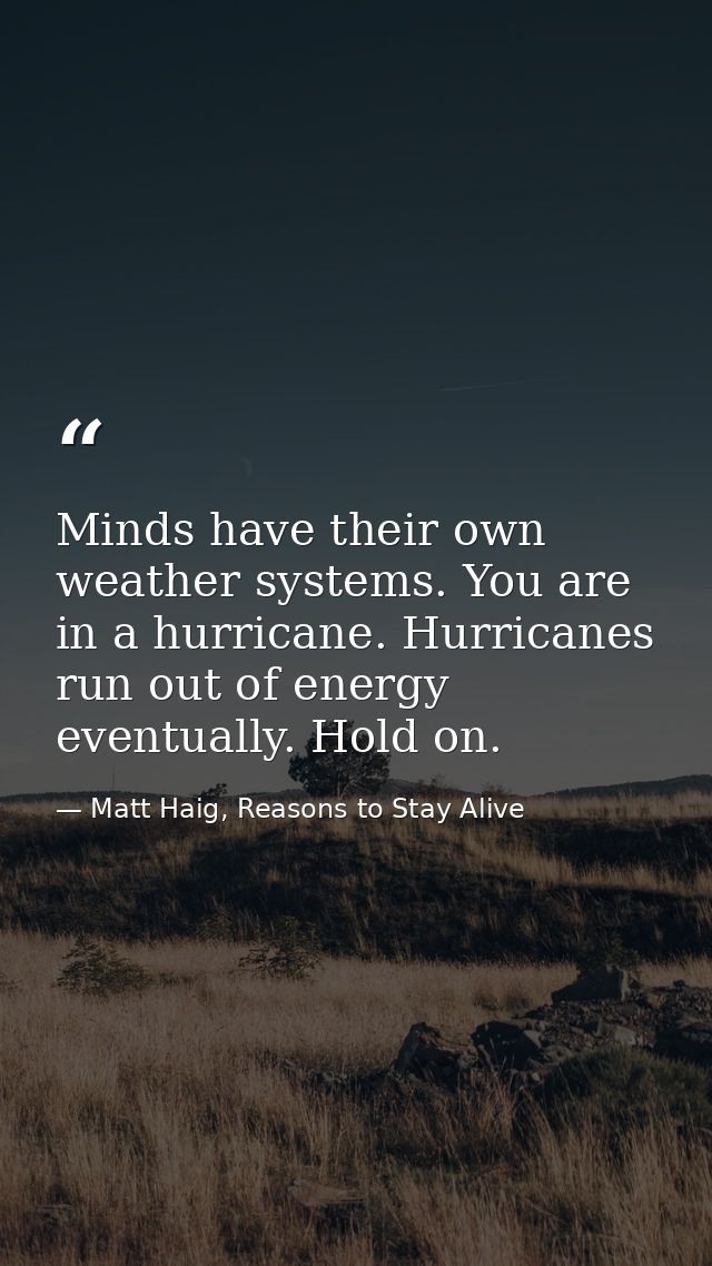 Minds have their own weather systems. You are in a hurricane. Hurricanes run out of energy eventually. Hold on. — Matt Haig, Reasons to Stay Alive