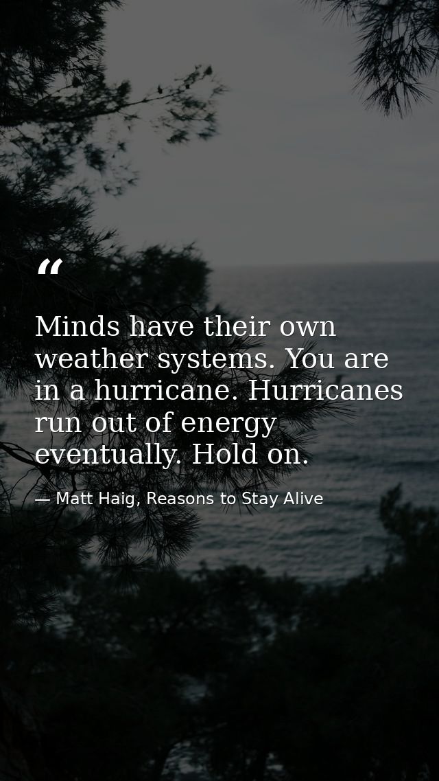 Minds have their own weather systems. You are in a hurricane. Hurricanes run out of energy eventually. Hold on. — Matt Haig, Reasons to Stay Alive