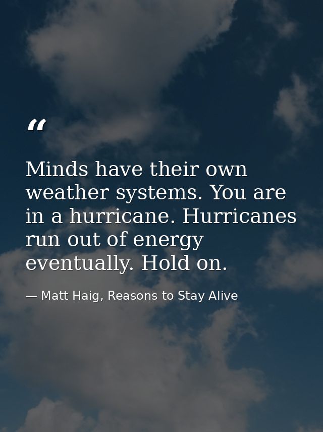 Minds have their own weather systems. You are in a hurricane. Hurricanes run out of energy eventually. Hold on. — Matt Haig, Reasons to Stay Alive