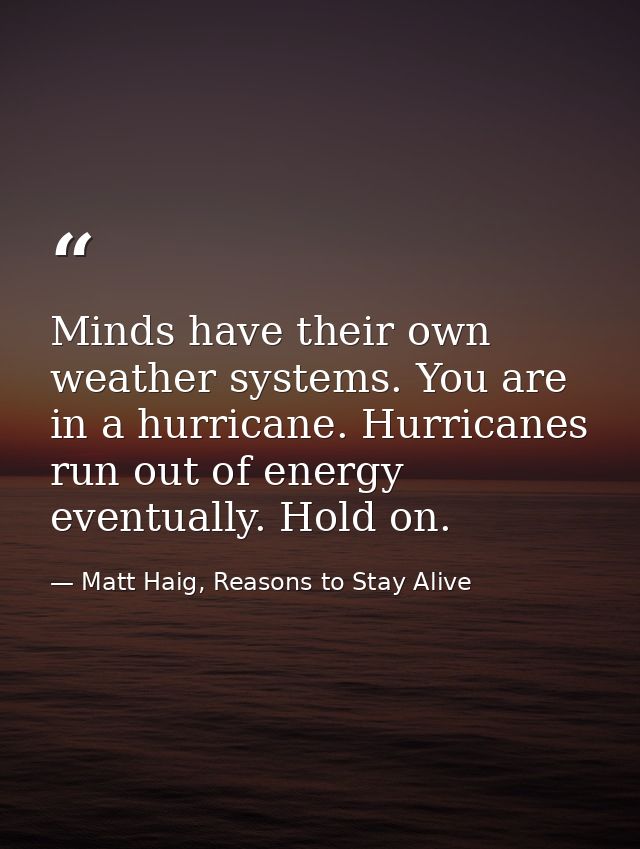 Minds have their own weather systems. You are in a hurricane. Hurricanes run out of energy eventually. Hold on. — Matt Haig, Reasons to Stay Alive