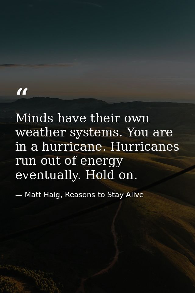 Minds have their own weather systems. You are in a hurricane. Hurricanes run out of energy eventually. Hold on. — Matt Haig, Reasons to Stay Alive