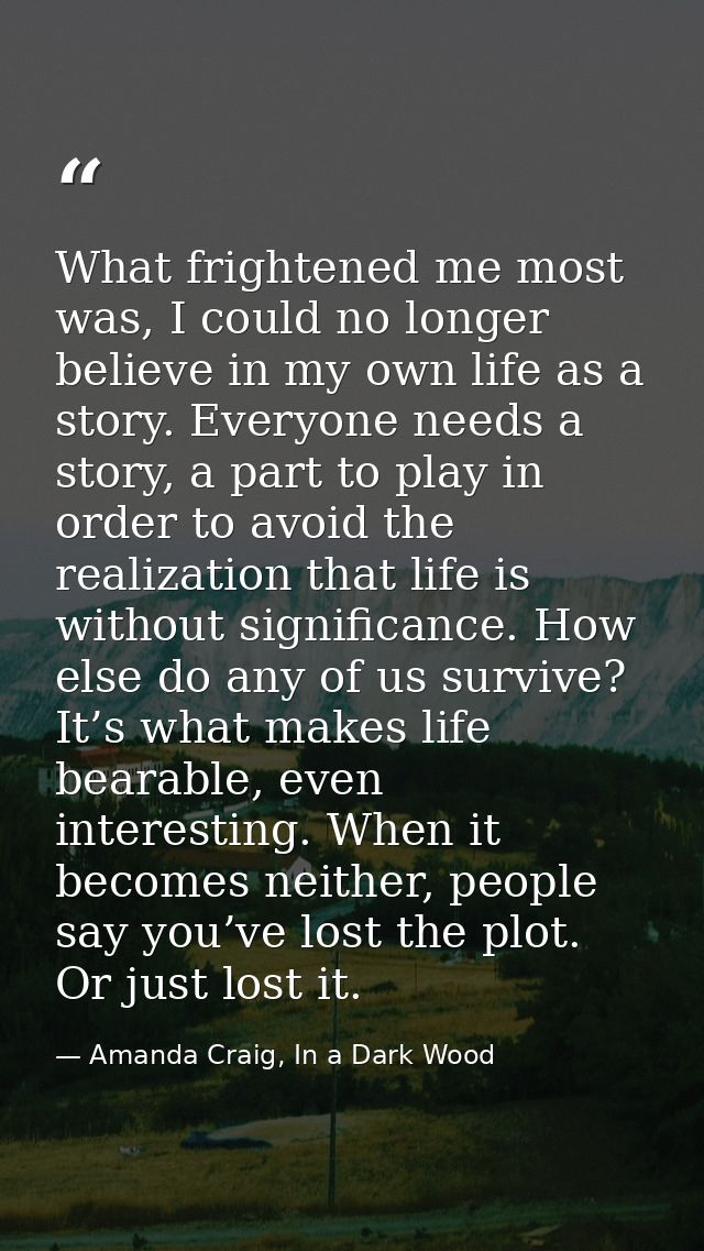 What frightened me most was, I could no longer believe in my own life as a story. Everyone needs a story, a part to play — Amanda Craig, In a Dark Wood