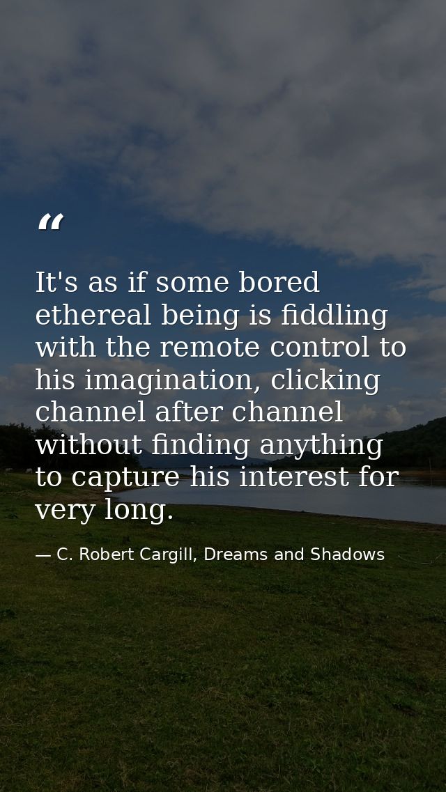 It's as if some bored ethereal being is fiddling with the remote control to his imagination, clicking channel after chan — C. Robert Cargill, Dreams and Shadows