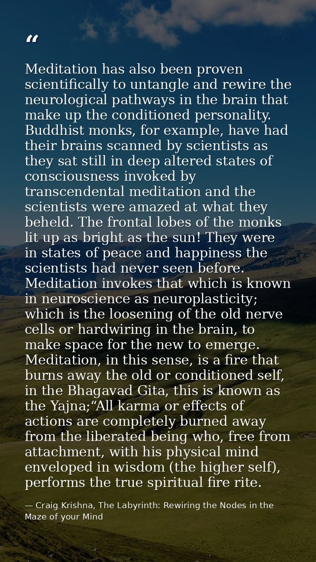 Meditation has also been proven scientifically to untangle and rewire the neurological pathways in the brain that make u — Craig Krishna, The Labyrinth: Rewiring the Nodes in the Maze of your Mind